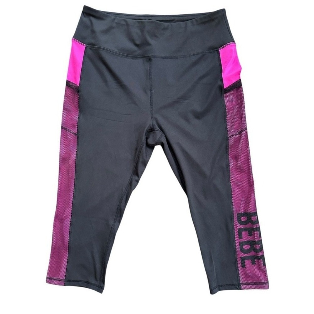 Bebe Sport Leggings Women 2X Black Pink Mesh Pocket Cropped Activewear Excellent